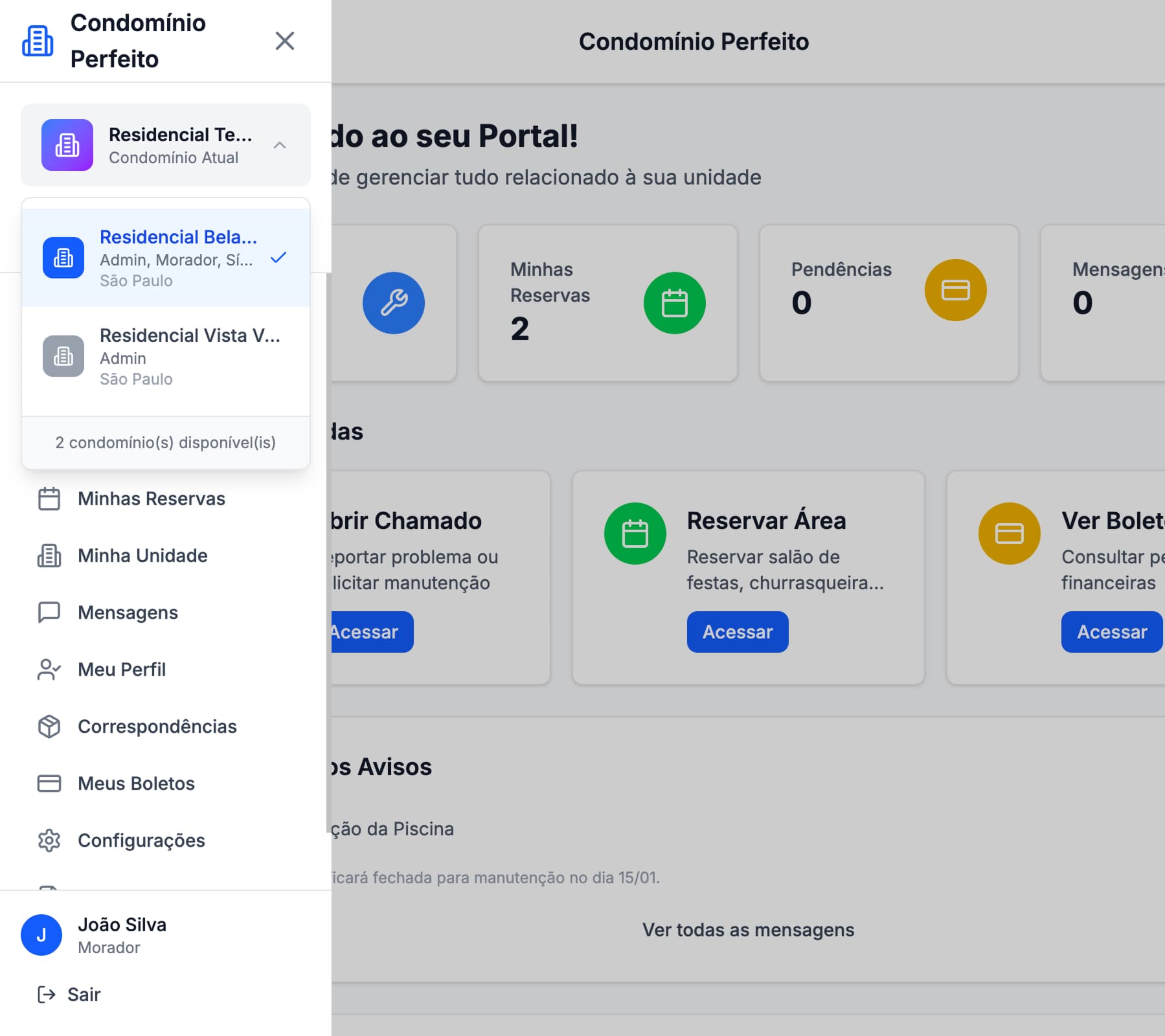 Screenshot da troca de condomínio - Interface mostrando seleção entre diferentes condomínios
